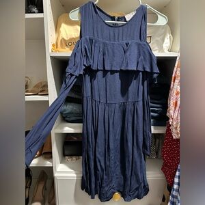 Blue long sleeve dress with shoulder cutout detail